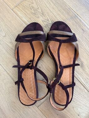 Chie Mihara - Suede T-Strap Sandals in Deep Purple with Metallic Accent